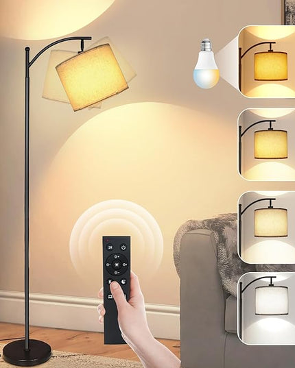 2024 LED Floor Lamps for Living Room, 12W 1200LM Modern Arc Floor Lamp with Remote & Adjustable Linen Lampshade, 12 Color Temperature Stepless Dimmable Tall Standing Lamp for Bedroom Office Reading - LeafyLoom