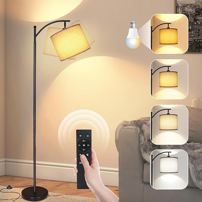 2024 LED Floor Lamps for Living Room, 12W 1200LM Modern Arc Floor Lamp with Remote & Adjustable Linen Lampshade, 12 Color Temperature Stepless Dimmable Tall Standing Lamp for Bedroom Office Reading - LeafyLoom