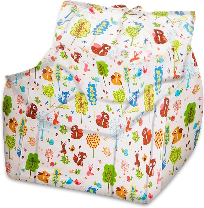 Posh Creations Structured Comfy Bean Bag Chair for Gaming, Reading, and Watching TV, Newport Chair, Canvas - Forest Critters on White - LeafyLoom