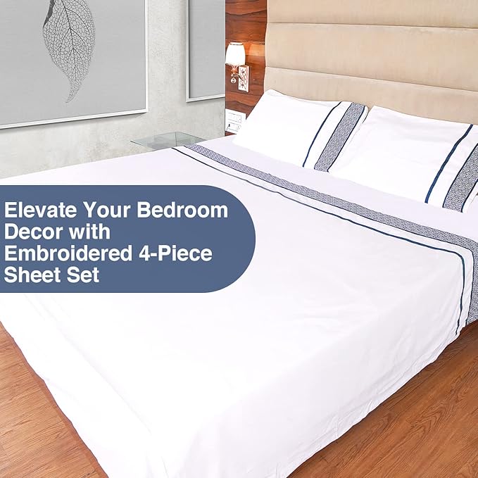 Egyptian Cotton Sheets King Size - 1000 Thread Count, 4Pc King Size Sheets Set, Smooth Sateen Weave King Sheets, 18" Deep Ultra Luxury Sheets, King Sheet Set - Navy Blue Embroidered White Sheets - LeafyLoom
