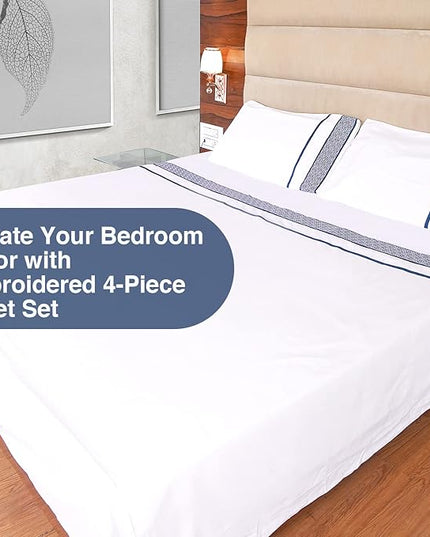 100% Egyptian Cotton Sheets Queen Size - 1000 Thread Count Sheets Queen Size Bed Sheet Set, Long Staple Bedding Sheets, Sateen Weave, Fits Upto 18" Mattress - Navy Blue Embroidered White Sheets - LeafyLoom