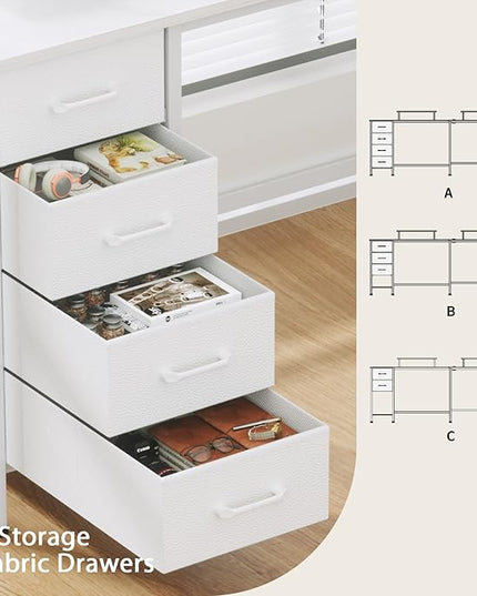 L Shaped Computer Desk with Power Outlets, 59 inch Reversible Home Office Desk with Storage Shelves & 2 Monitor Stands, Gaming Desk with 4 Fabric Drawers for Bedroom, White - LeafyLoom