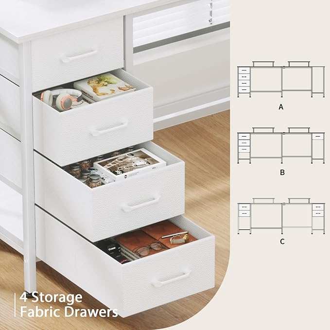 L Shaped Computer Desk with Power Outlets, 59 inch Reversible Home Office Desk with Storage Shelves & 2 Monitor Stands, Gaming Desk with 4 Fabric Drawers for Bedroom, White - LeafyLoom
