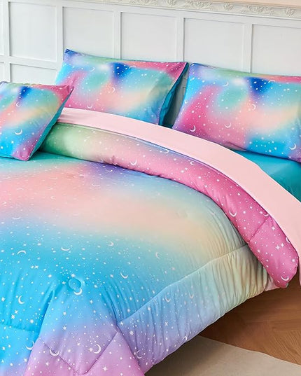 URBONUR Kids Bedding Set Twin Size 6 Pieces Comforter & Sheet Set Colorful Rainbow Tie Dye Stars Printed Girls Bedding Set Ultra Soft Bed Sets - LeafyLoom