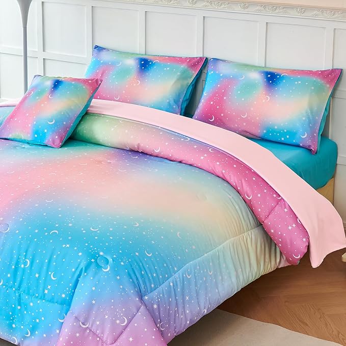 URBONUR Queen Size Comforter Set, Rainbow Stars Queen Bedding Set for Teen Girls Women, 6 Pieces Comforter, Flat Sheet, Fitted Sheet & Pillowcases - LeafyLoom