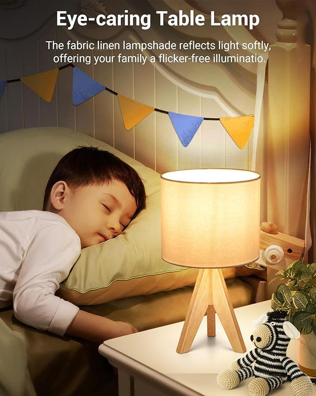 DEWENWILS Mid Century Bedside Lamp, Small Tripod Table Lamp with Linen Fabric Shade, Wood Nightstand Lamp for Nursery, Living Room, Bedroom, End Table, UL Listed, 14.2 Inch, ON/Off Switch - LeafyLoom