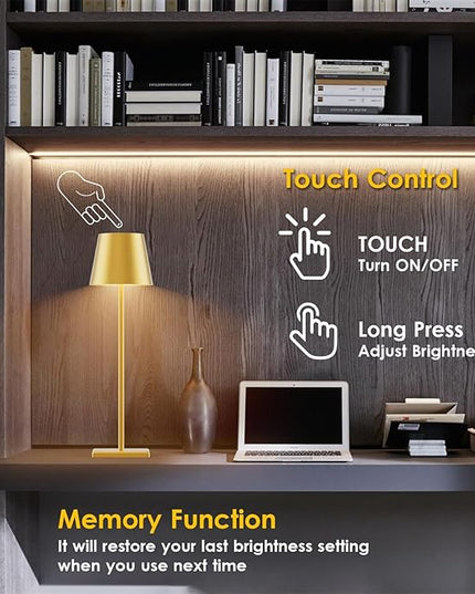 2-Pack LED Cordless Table Lamp 3W 5500mAh Rechargeable Table Lamps Battery Operated Table Light Stepless Dimmable Portable Table Lamp for Restaurant/Table/Bedroom/Outdoor (Gold) - LeafyLoom