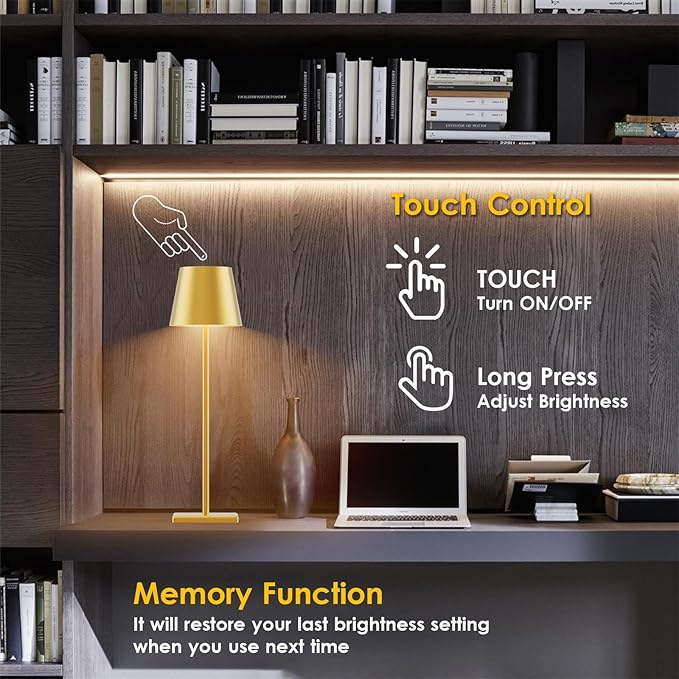 2-Pack LED Cordless Table Lamp 3W 5500mAh Rechargeable Table Lamps Battery Operated Table Light Stepless Dimmable Portable Table Lamp for Restaurant/Table/Bedroom/Outdoor (Gold) - LeafyLoom