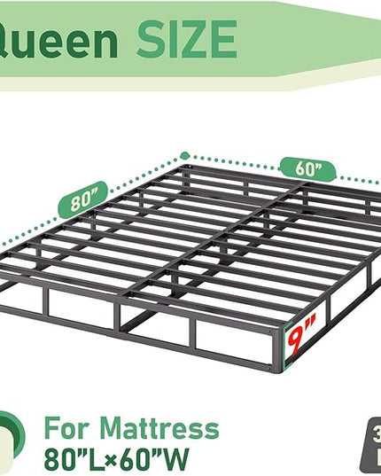 Queen Bed Frame, 9 Inch High Metal Box Spring with More Steel Slats Support, Sturdy Platform Bedframe Low to Floor, 3500 Lbs Weight Capacity Heavy Duty Mattress Base, Easy Assembly, Black - LeafyLoom