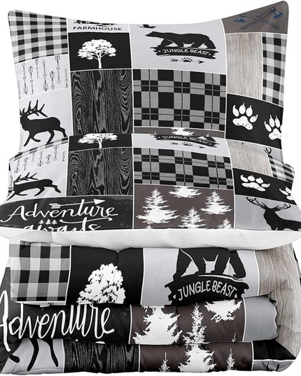 LUVIVIHOME 2PCS Rustic Lodge Comforter Set Twin Size, Farmhouse Cabin Bedding, Black Bear Deer Elk Moose Forest Animal Wildlife Hunting Country Black and White Plaid Patchwork Quilt, 1 Pillow Case - LeafyLoom