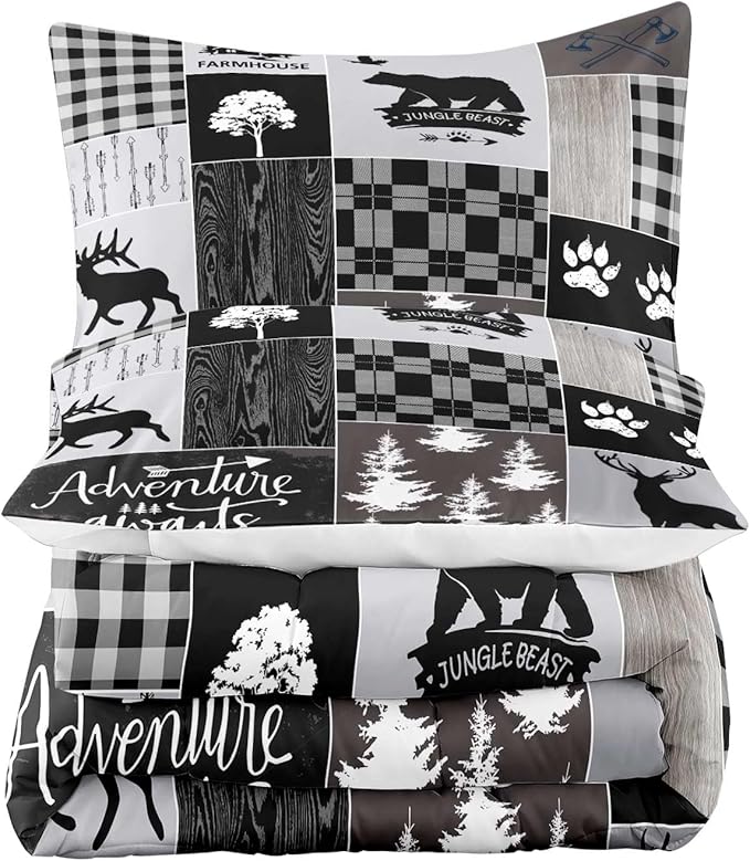 LUVIVIHOME 2PCS Rustic Lodge Comforter Set Twin Size, Farmhouse Cabin Bedding, Black Bear Deer Elk Moose Forest Animal Wildlife Hunting Country Black and White Plaid Patchwork Quilt, 1 Pillow Case - LeafyLoom