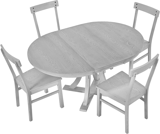 Merax 5-Piece Rustic Set with Round Pedestal Extendable Table and 15.7" Removable Leaf, Simple Dining Chirs for Small Places, Gray, Grey - LeafyLoom
