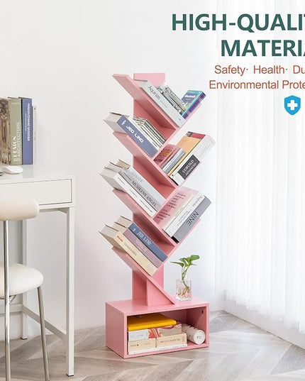 Yoobure Tree Bookshelf - 6 Shelf Retro Floor Standing Bookcase, Tall Wood Book Storage Rack for CDs/Movies/Books, Utility Book Organizer Shelves for Bedroom, Living Room, Home Office Pink - LeafyLoom