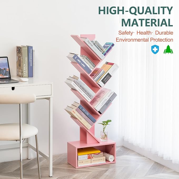 Yoobure Tree Bookshelf - 6 Shelf Retro Floor Standing Bookcase, Tall Wood Book Storage Rack for CDs/Movies/Books, Utility Book Organizer Shelves for Bedroom, Living Room, Home Office Pink - LeafyLoom