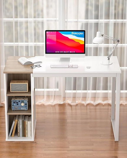 Coavas Computer Desk with Storage, Home Office Desk with Adjustable Shelves, Simple Style Writing Study Desk with Metal Frame, Modern Design PC Laptop Desk, 47 inch, White and Oak - LeafyLoom