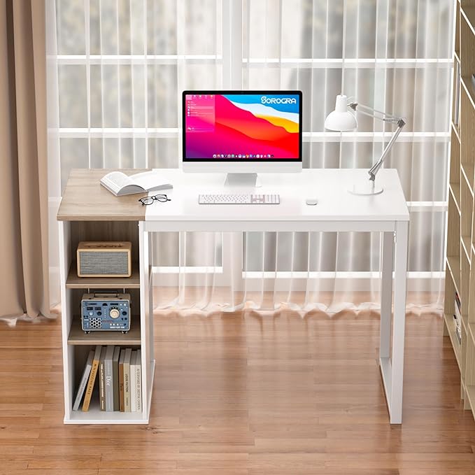 Coavas Computer Desk with Storage, Home Office Desk with Adjustable Shelves, Simple Style Writing Study Desk with Metal Frame, Modern Design PC Laptop Desk, 47 inch, White and Oak - LeafyLoom