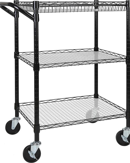 3 Tier Heavy Duty Rolling Utility Cart,18" D x 30" W x 36.6" H Rolling Carts with Wheels,Commercial Grade Metal Cart with Handle Bar & Shelf Liner,Trolley Serving Storage Cart for Kitchen Black - LeafyLoom