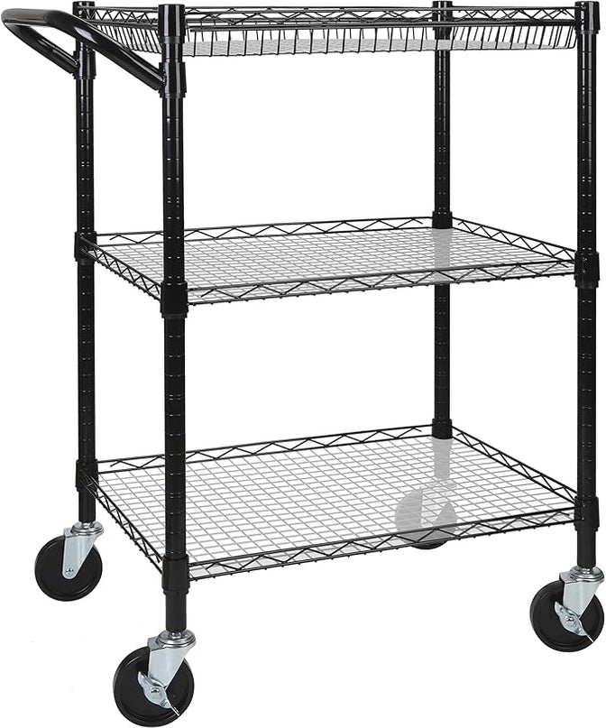 3 Tier Heavy Duty Rolling Utility Cart,18" D x 30" W x 36.6" H Rolling Carts with Wheels,Commercial Grade Metal Cart with Handle Bar & Shelf Liner,Trolley Serving Storage Cart for Kitchen Black - LeafyLoom