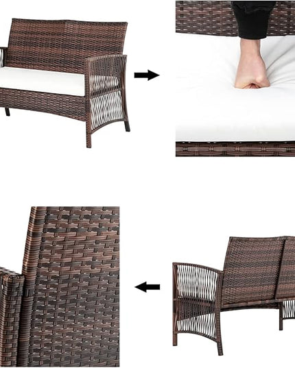 Outvita 4 Pieces Patio Furniture Set, Rattan Conversation Sets with Loveseat Soft Cushion and Glass Table for Garden Backyard Balcony Porch Poolside (Brown) - LeafyLoom