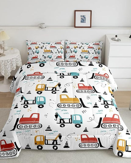 Boys Cartoon Car Comforter Set, Kids Construction Vehicles Comforter for Kids Children Cartoon Truck Bedding Set Cute Cars Teal Red Yellow Quilt Set Bedroom Collection 3Pcs King Size - LeafyLoom