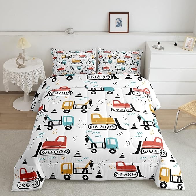 Boys Cartoon Car Comforter Set, Kids Construction Vehicles Comforter for Kids Children Cartoon Truck Bedding Set Cute Cars Teal Red Yellow Quilt Set Bedroom Collection 3Pcs King Size - LeafyLoom