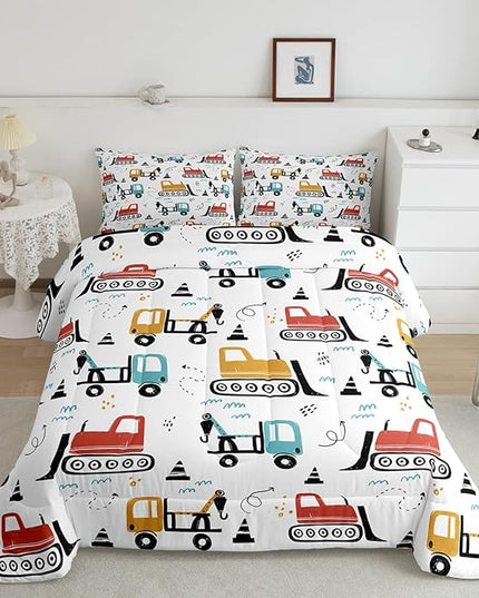 Boys Cartoon Car Comforter Set, Kids Construction Vehicles Comforter for Kids Cartoon Truck Bedding Set Cute Cars Teal Red Yellow Quilt Collection 2Pcs Twin Size Boys - LeafyLoom