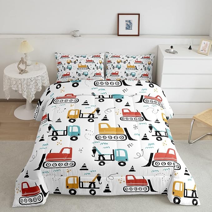 Boys Cartoon Car Comforter Set, Kids Construction Vehicles Comforter for Kids Cartoon Truck Bedding Set Cute Cars Teal Red Yellow Quilt Collection 2Pcs Twin Size Boys - LeafyLoom