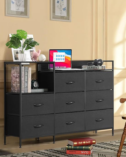 MOOACE TV Stand with Charging Station, 52'' Long TV Stand with 8 Storage Drawers and Open Shelves, Chests, Dresser for Bedroom, Living Room, Black - LeafyLoom