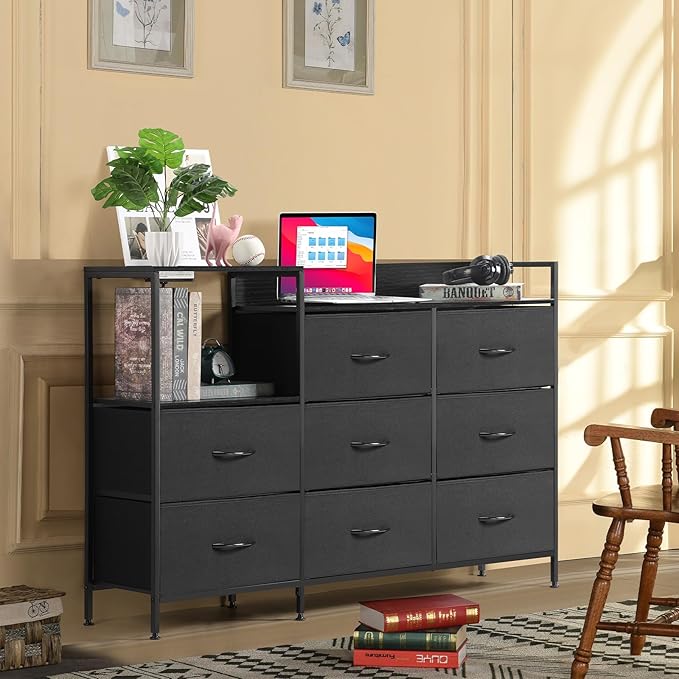 MOOACE TV Stand with Charging Station, 52'' Long TV Stand with 8 Storage Drawers and Open Shelves, Chests, Dresser for Bedroom, Living Room, Black - LeafyLoom