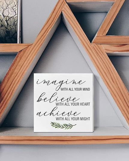 Home Office Desk Wooden Box Sign Decor, Imagine with All Your Mind, Inspirational Quotes Desk Decor Motivational Desk Decorations for Women Men Student Office Classroom School - LeafyLoom