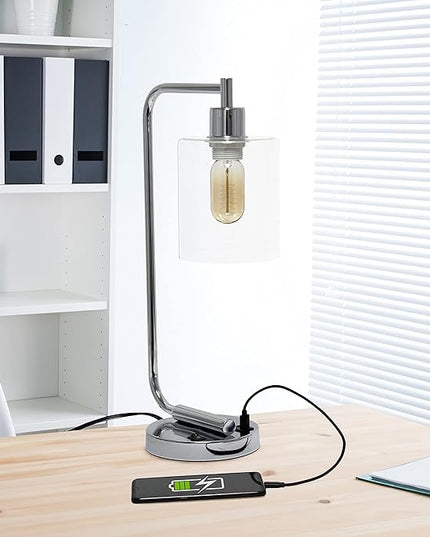 Simple Designs LD1066-CHR-LB Industrial Vintage Bronson Iron Lantern Desk Table Lamp with USB Port and Glass Cylinder Shade for Office, Living Room, Bedroom, Chrome, with Feit LED Bulb Included - LeafyLoom
