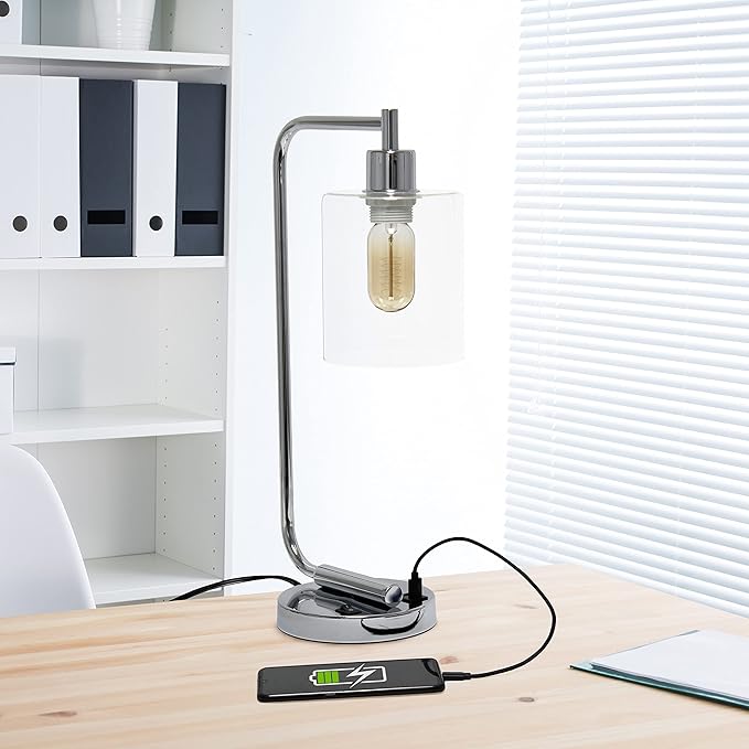 Simple Designs LD1066-CHR-LB Industrial Vintage Bronson Iron Lantern Desk Table Lamp with USB Port and Glass Cylinder Shade for Office, Living Room, Bedroom, Chrome, with Feit LED Bulb Included - LeafyLoom