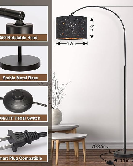 Modern Arc Floor Lamp, Tall Pole Lamp with Black Stars Lampshade, Arched Reading Light with Adjustable Lamp Head, Over Couch Hanging Light Corner Lamp for Living Room, Bedroom, Office (Black) - LeafyLoom
