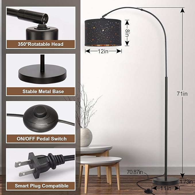 Modern Arc Floor Lamp, Tall Pole Lamp with Black Stars Lampshade, Arched Reading Light with Adjustable Lamp Head, Over Couch Hanging Light Corner Lamp for Living Room, Bedroom, Office (Black) - LeafyLoom