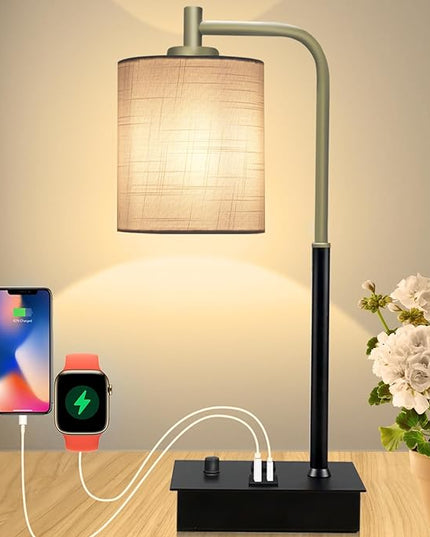 Bedside Table Lamp with USB Ports and Outlet, Lamp for Nightstand Fully Dimmable Fabric Shade Lamp, Desk Lamp for Bedroom Guestroom Living Room & Hotel LED Bulb Included - LeafyLoom