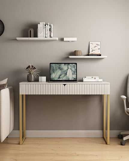 Elegant Modern Desk, 2 Drawers, Gold Legs, 43.3x15.75 inches, Home Office, Makeup Vanity, Computer, Writing, Study, Entryway, Sofa Table - LeafyLoom