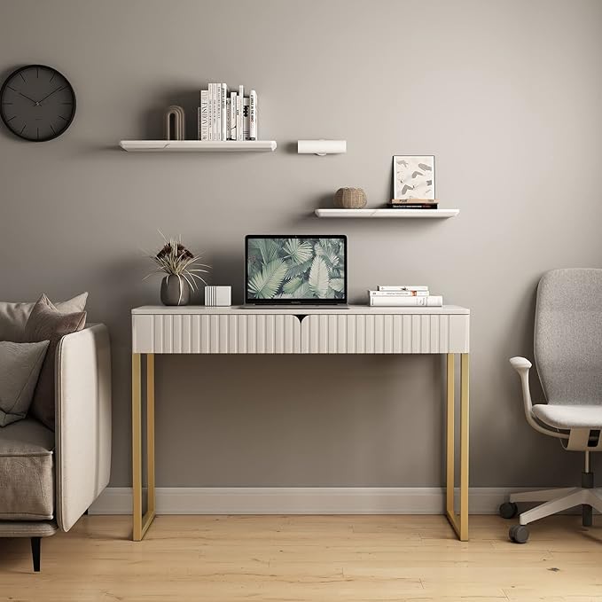 Elegant Modern Desk, 2 Drawers, Gold Legs, 43.3x15.75 inches, Home Office, Makeup Vanity, Computer, Writing, Study, Entryway, Sofa Table - LeafyLoom
