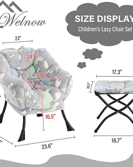 Welnow Toddler Kids Lazy Chair with Ottoman, Glow in The Dark Accent Comfy Lounge Children Armchair Couch with Removable Cover, Detachable Reading Chair with Footrest for Boy or Girl, Grey Dinosaur - LeafyLoom