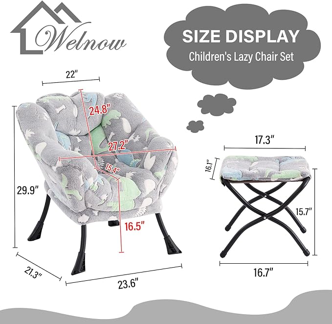 Welnow Toddler Kids Lazy Chair with Ottoman, Glow in The Dark Accent Comfy Lounge Children Armchair Couch with Removable Cover, Detachable Reading Chair with Footrest for Boy or Girl, Grey Dinosaur - LeafyLoom
