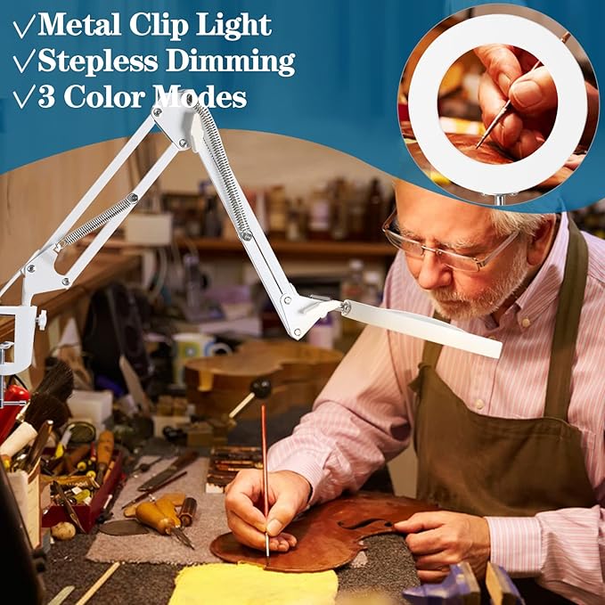 HITTI 【Upgraded】 5X LED Magnifying Lamp, 1,800 Lumens Stepless Dimmable, 3 Color Modes, 8-Diopter 4.2″ Real Glass Lens Magnifier Desk lamp, Magnifying Light and Stand for Crafts, Reading, Close Work - LeafyLoom