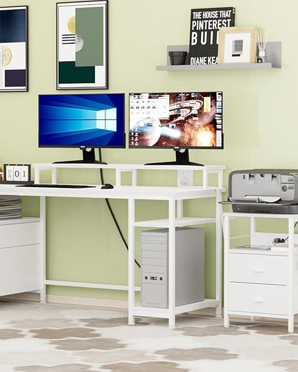 Furologee Nightstands Set of 2, End Tables with Charging Station and USB Ports, Side Tables with 2 Fabric Drawers, Night Stands with Storage Shelf & 2 Hooks, for Living Room/Bedroom, White - LeafyLoom