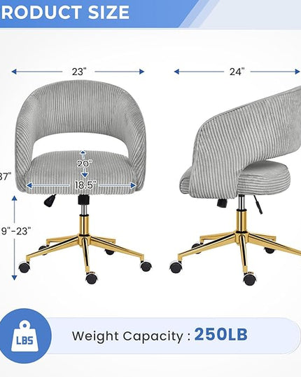 Office Desk Chair, Corduroy Ergonomic Office Chair with Wheels, Computer Swivel Rolling Chair, Comfy Vanity Desk Chairs for Bedroom, Living Room, Study, Light Grey - LeafyLoom
