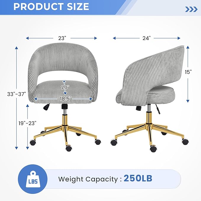 Office Desk Chair, Corduroy Ergonomic Office Chair with Wheels, Computer Swivel Rolling Chair, Comfy Vanity Desk Chairs for Bedroom, Living Room, Study, Light Grey - LeafyLoom