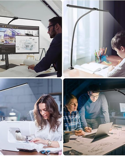 ShineTech LED Desk Lamp for Home Office, 5000K Bright Double Head Architect Task Lamps with Clamp, Dimmable Adjustable Flexible Gooseneck, Black - LeafyLoom