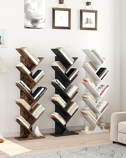 Function Home 9 Tier Tree Bookshelf, Modern Tall Geometric Bookcase, Freestanding Book Shelf, Wood Floor Storage Shelf for Living Room, Bedroom, Home Office,White - LeafyLoom
