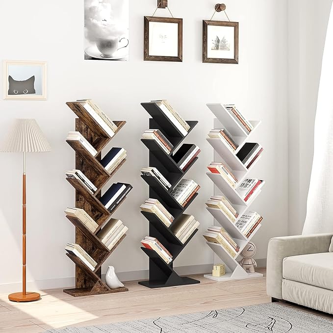 Function Home 9 Tier Tree Bookshelf, Modern Tall Geometric Bookcase, Freestanding Book Shelf, Wood Floor Storage Shelf for Living Room, Bedroom, Home Office,White - LeafyLoom