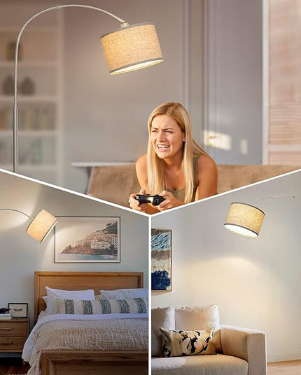Floor Lamp for Living Room, Dimmable Arc Floor Lamp with Adjustable Head, Silver Finish Modern Floor Lamp, Over Couch Tall Standing Hanging Lights for Reading, Bedroom, Office, 9W 3000K Bulb Included - LeafyLoom