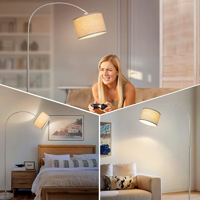 Floor Lamp for Living Room, Dimmable Arc Floor Lamp with Adjustable Head, Silver Finish Modern Floor Lamp, Over Couch Tall Standing Hanging Lights for Reading, Bedroom, Office, 9W 3000K Bulb Included - LeafyLoom