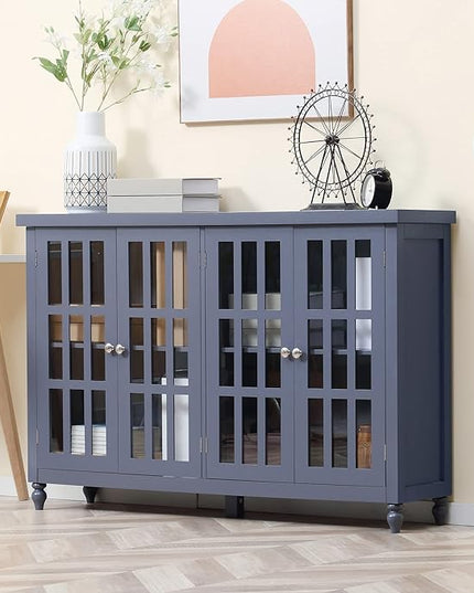 HOMCOM Sideboard, Buffet Cabinet with 4 Tempered Glass Doors, Stripe Pattern and Adjustable Storage Shelf, Credenza, Gray - LeafyLoom