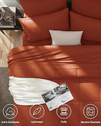 CozyLux Queen Size Comforter Set - 7 Pieces Bed in a Bag Set Burnt Orange, Bedding Sets Queen with All Season Quilted Comforter, Flat Sheet, Fitted Sheet, Pillowcases, Terracotta, Queen - LeafyLoom